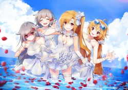 Rule 34 | 4girls, :d, ahoge, alternate costume, arm behind head, azur lane, bare shoulders, blonde hair, blue sky, blush, breasts, cleveland (azur lane), closed eyes, closed mouth, clothes lift, cloud, collarbone, columbia (azur lane), day, denver (azur lane), dress, dress lift, elbow gloves, eyewear on head, flower, gloves, grey hair, hair between eyes, hair ornament, halter dress, halterneck, hand up, leaning forward, lifted by self, long hair, medium breasts, montpelier (azur lane), multiple girls, nagu, ocean, one side up, open mouth, outdoors, parted lips, partially submerged, petals, pointing, pointing at viewer, red eyes, rose, rose in hair, scrunchie, shaded face, signature, sky, smile, sparkle, sunglasses, very long hair, wedding dress, white dress, white flower, white gloves, white rose