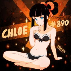 1girl barefoot black_hair blue_eyes chloe_(srgrafo) english_text indian_style navel original short_shorts shorts sitting srgrafo