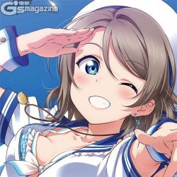 Rule 34 | 1girl, ;), anchor, anchor earrings, aqua eyes, artist name, artist request, blue eyes, blue sailor collar, blush, breasts, brown hair, cleavage, earrings, female focus, grey hair, hair between eyes, hat, jewelry, light brown hair, looking at viewer, love live!, love live! sunshine!!, lowres, medium breasts, one eye closed, parted lips, pointing, pointing at viewer, sailor collar, salute, shirt, short hair, short sleeves, smile, solo, teeth, upper body, watanabe you, white hat, white shirt, white wrist cuffs, wrist cuffs