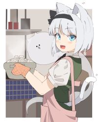 1girl absurdres animal_ears apron asuka_shirou black_bow black_hairband black_necktie blue_eyes bow cat_ears cat_tail collared_shirt commentary_request cooking from_side green_skirt green_vest grey_hair hair_bow hairband highres holding_cooking_pot indoors kemonomimi_mode kitchen konpaku_youmu konpaku_youmu_(ghost) looking_at_viewer necktie open_mouth outside_border oven_mitts pink_apron puffy_short_sleeves puffy_sleeves shirt short_sleeves skirt smile solo standing tail touhou vest white_shirt