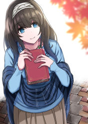 Rule 34 | 1girl, blue eyes, book, bookmark, brown hair, closed mouth, collarbone, edelweiss (wsparkz), fingernails, hairband, highres, holding, holding book, idolmaster, idolmaster cinderella girls, idolmaster cinderella girls starlight stage, leaf, long hair, maple leaf, outdoors, sagisawa fumika, smile, solo, white hairband