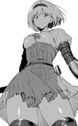 Rule 34 | 1girl, amano don, blush, breasts, closed mouth, djeeta (granblue fantasy), dress, fighter (granblue fantasy), gauntlets, granblue fantasy, greyscale, hairband, looking at viewer, medium breasts, monochrome, puffy short sleeves, puffy sleeves, sheath, short hair, short sleeves, simple background, smile, thighhighs, thighs, white background