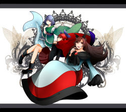 Rule 34 | 312 1mmm1 213, 3girls, absurdres, animal ears, blue eyes, blue hair, boots, bow, brooch, brown hair, cape, double dealing character, dress, female focus, fingernails, fins, hair bow, head fins, highres, imaizumi kagerou, japanese clothes, jewelry, letterboxed, light smile, long fingernails, long hair, long sleeves, mermaid, miyashirou (312 1mmm1 213), monster girl, multiple girls, obi, open mouth, red eyes, red hair, sash, sekibanki, short hair, skirt, sleeves past wrists, touhou, wakasagihime, wide sleeves, wolf ears