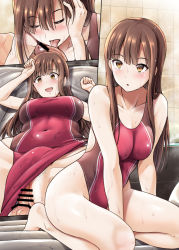 Rule 34 | 1girl, arm support, bar censor, barefoot, blush, breasts, brown eyes, brown hair, censored, clothing aside, competition swimsuit, covered navel, fellatio, tucking hair, hetero, highleg, highleg swimsuit, idolmaster, idolmaster cinderella girls, long hair, looking at viewer, looking back, mat play, medium breasts, mizumoto yukari, multiple views, one-piece swimsuit, open mouth, oral, penis, purple one-piece swimsuit, pussy, seiza, sex, sitting, smile, swimsuit, swimsuit aside, takemasa, vaginal, wet