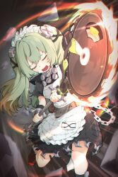 Rule 34 | 1girl, absurdres, apron, belt, black dress, chain, chainsaw, chromatic aberration, closed eyes, commentary, corin wickes, dress, green hair, high belt, highres, holding, holding weapon, long hair, lpleader, maid apron, maid headdress, motion blur, open mouth, puffy short sleeves, puffy sleeves, short sleeves, solo, weapon, zenless zone zero