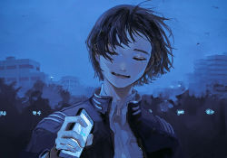 Rule 34 | ambiguous gender, androgynous, black hair, blue theme, building, cellphone, cityscape, commentary, dress shirt, dusk, gender request, half-closed eyes, highres, holding, holding phone, jacket, jersey, jyagaricoeater, looking down, messy hair, open clothes, open jacket, original, phone, shirt, short hair, smartphone, smile, solo, track jacket, track suit, tree, unzipped, white shirt, wind