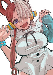 Rule 34 | 1girl, :d, absurdres, artist request, asymmetrical sleeves, blush, breasts, claw pose, curled fingers, dress, dutch angle, female focus, frilled dress, frills, hair over one eye, headphones, highres, large breasts, lips, long hair, looking at viewer, microphone, nose, one piece, open mouth, purple eyes, sidelighting, simple background, smile, solo, tareme, thick thighs, thighs, uta (one piece), v-shaped eyebrows, white dress, wide hips