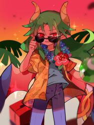 Rule 34 | 1boy, adjusting eyewear, blue shirt, flower, flower necklace, gradient sky, green hair, hibiscus, highres, holding, holding suitcase, horns, jewelry, lei, long hair, looking at viewer, male focus, necklace, official alternate costume, open mouth, orange sky, outdoors, palm tree, pointy ears, puyo (puyopuyo), puyopuyo, puyopuyo quest, red eyes, satan (puyopuyo), shirt, short sleeves, sky, smile, solo, sparkle, suitcase, sun print, sunglasses, sunset, tree, undershirt, urashima (enediktb), wings, yellow shirt