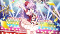 Rule 34 | 1girl, arm up, band uniform, black stripes, blue eyes, breasts, colored lights, concert, confetti, dot nose, dutch angle, film grain, game cg, hand on own hip, heart, high ponytail, holding, holding microphone, idol, idol clothes, izumi tsubasu, long hair, medium breasts, microphone, necktie, non-web source, official art, open mouth, puffy short sleeves, puffy sleeves, purple hair, railing, re:stage!, red headwear, red stripes, screen, short sleeves, skirt, smile, solo, sparkle, stage, stage lights, stairs, striped necktie, tilted headwear, tsukisaka sayu, white skirt, white uniform