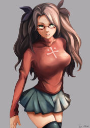 Rule 34 | 1girl, black thighhighs, brown hair, fate/stay night, fate (series), glasses, green eyes, highres, long hair, mw, solo, thighhighs, tohsaka rin, two side up, zettai ryouiki