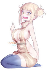 Rule 34 | 1girl, :d, ass, beige sweater, black thighhighs, blonde hair, blunt bangs, blush, boku no hero academia, breasts, cleavage, double bun, fangs, from side, full body, hair bun, hot vr, large breasts, meme attire, messy hair, no bra, no panties, open mouth, seiza, sidelocks, simple background, sitting, smile, solo, thighhighs, thumbs up, toga himiko, virgin killer sweater, white background, yellow eyes