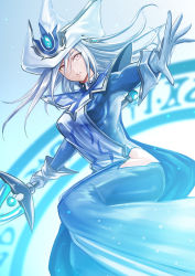 Rule 34 | 1girl, amasaki yusuke, black dress, breasts, dress, duel monster, floating hair, gloves, grey gloves, hair between eyes, hat, highres, holding, holding staff, long hair, medium breasts, open hand, parted lips, silent magician, silver hair, solo, staff, waist cutout, white hat, witch hat, yellow eyes, yu-gi-oh!