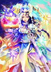 Rule 34 | 1girl, absurdres, artist request, black hair, blue eyes, book, breasts, cleavage, crown, dragon, force of will, heterochromia, highres, long hair, lumia (force of will), multicolored hair, purple eyes, smile, sword, very long hair, weapon, white hair