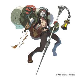 Rule 34 | 1boy, abs, april fools, arc system works, backpack, bag, gas mask, goggles, goggles on head, guilty gear, guilty gear strive, hidehiko sakamura, highres, holding, holding staff, hood, malcolm mayers, mask, official art, solo, staff, wanted, white background