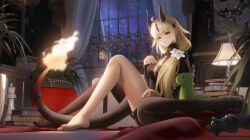 Rule 34 | 1girl, absurdres, ahoge, arknights, barefoot, black pantyhose, black sweater, blonde hair, book, breasts, chess piece, dragon girl, dragon horns, dragon tail, flame-tipped tail, flower, green eyes, hair flower, hair ornament, highres, horns, indoors, infection monitor (arknights), lamp, light blush, ling dianxia, looking at viewer, medium breasts, night, night sky, official alternate costume, pantyhose, plant, potted plant, reed (arknights), reed the flame shadow (arknights), ribbed sweater, sidelocks, single leg pantyhose, sky, solo, sweater, tail, tail ornament, tail ring, typewriter, white flower, window
