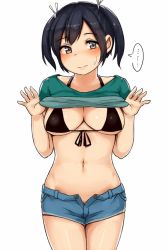 Rule 34 | 10s, 1girl, bikini, bikini top only, black bikini, black hair, blush, breasts, brown eyes, cleavage, clothes lift, covered erect nipples, drop, grey eyes, kantai collection, large breasts, lifting own clothes, looking at viewer, navel, open fly, satsuki neko, shirt lift, short hair, short shorts, short twintails, shorts, simple background, smile, solo, souryuu (kancolle), standing, stomach, sweat, sweatdrop, swimsuit, thighs, twintails, unzipped