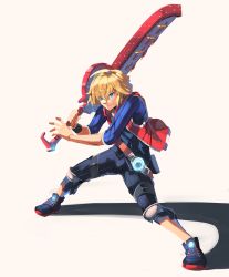 Rule 34 | 1boy, artist request, belt, blonde hair, blue eyes, highres, holding, long hair, looking at viewer, male focus, monado, open mouth, short hair, shulk (xenoblade), simple background, smile, sword, vest, weapon, xenoblade chronicles: future connected, xenoblade chronicles (series), xenoblade chronicles 1