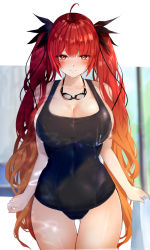 Rule 34 | 1girl, ahoge, azur lane, black one-piece swimsuit, blurry, blurry background, blush, breasts, cleavage, closed mouth, collarbone, covered navel, goggles, goggles around neck, honolulu (azur lane), large breasts, long hair, looking at viewer, one-piece swimsuit, pool, raru (nanaharararu), red eyes, red hair, solo, swimsuit, twintails, wavy hair, wet