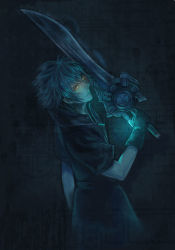 Rule 34 | 10s, 1boy, engine blade, final fantasy, final fantasy xv, gloves, glowing, glowing eyes, jacket, male focus, noctis lucis caelum, prototype design, shacho, solo, spot color, sword, weapon, yellow eyes