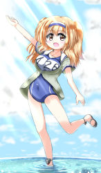 Rule 34 | 10s, 1girl, :d, :o, arm up, breasts, brown eyes, cloud, collarbone, covered navel, day, hairband, i-26 (kancolle), kantai collection, large breasts, leg up, light brown hair, long hair, looking at viewer, name tag, open clothes, open mouth, rsu511, sailor collar, sandals, school swimsuit, short sleeves, smile, solo, standing, standing on one leg, swimsuit, swimsuit under clothes, two-tone hairband, two side up, water
