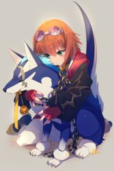Rule 34 | 1boy, 1girl, animal ears, brown hair, chain, chain necklace, character name, claws, closed eyes, closed mouth, dog, dog ears, dog tail, echo (circa), english text, fingerless gloves, full body, gloves, goggles, goggles on head, jewelry, kiss, necklace, repede (tales), rita mordio, scroll, short hair, simple background, tail, tales of (series), tales of vesperia