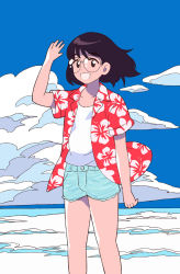 Rule 34 | 1girl, aqua shorts, aragon honnin, bad id, bad tumblr id, black eyes, black hair, blue sky, cloud, cloudy sky, day, feet out of frame, floral print, glasses, hand up, long hair, looking at viewer, open clothes, open mouth, open shirt, original, outdoors, print shirt, red shirt, shirt, short sleeves, shorts, sky, smile, solo, undershirt, white shirt, wind
