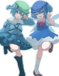 Rule 34 | 2girls, :d, :o, absurdres, alternate hairstyle, black footwear, blue bow, blue dress, blue eyes, blue footwear, blue hair, blue headwear, blue skirt, boots, bow, cirno, collared shirt, detached wings, dress, flat cap, full body, green headwear, hair bobbles, hair bow, hair ornament, hat, highres, ice, ice wings, kawashiro nitori, key, leg up, long sleeves, looking at viewer, mikan (manmarumikan), multiple girls, open mouth, shirt, short sleeves, simple background, skirt, smile, socks, touhou, two side up, white background, white socks, wings