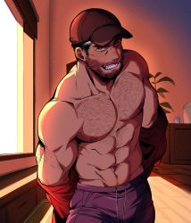 Rule 34 | 1boy, abs, absurdres, arm hair, beard, chest hair, facial hair, hat, highres, holmy (holmesdmode), large pectorals, looking at viewer, maestro (rainbow six siege), male focus, mature male, mustache, navel, nipples, open mouth, pants, pectorals, rainbow six siege, red eyes, short hair, smile, solo, sweatpants, undressing