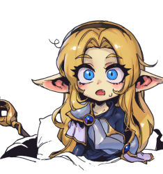 Rule 34 | 1girl, alternate ears, alternate form, armor, blonde hair, blue eyes, brown hairband, collarbone, fang, hairband, league of legends, long hair, lux (league of legends), open mouth, parted bangs, phantom ix row, pillow, pointy ears, shoulder armor, simple background, solo, white background