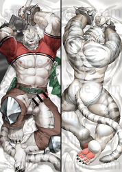 Rule 34 | 1boy, abs, animal ears, animal hands, armor, ass, bandaged arm, bandages, bar censor, bara, bare pectorals, barefoot, bed, bed sheet, belt, blue eyes, bracelet, bracer, bracers, brown pants, butt crack, censored, claws, clothing cutout, crotchless, crotchless pants, cuffs, dagger, dakimakura (medium), erection, feet, fingerless gloves, fist in hand, flaccid, from above, from behind, full body, furry, furry male, gloves, green belt, handcuffs, heels, jewelry, jockstrap, knee pads, knife, kumahachi, large pectorals, leather, leather pants, looking at viewer, looking back, lying, male focus, male underwear, mature male, mercenary (zero kara hajimeru mahou no sho), multiple views, muscular, muscular male, nipples, no male underwear, nose, nude, on back, on stomach, open mouth, pants, pectorals, penis, red shirt, sample watermark, sewn together, sharp teeth, shiny clothes, shirt, short hair, sideburns, snout, spiked bracelet, spikes, stitches, stomach, striped, sword, tail, teeth, testicles, thick thighs, thigh cutout, thighs, tiger boy, tiger ears, tiger tail, toe claws, toes, topless male, underpec, underwear, watermark, weapon, white background, white hair, white male underwear, zero kara hajimeru mahou no sho