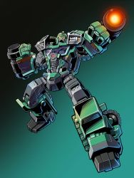 Rule 34 | 1boy, arm cannon, arm mounted weapon, autobot, cannon, clenched hand, green background, green theme, kup (transformers), mecha, motor vehicle, open mouth, robot, tire, transformers, transformers prime, truck, weapon, wheel, yasukuni kazumasa, yellow eyes