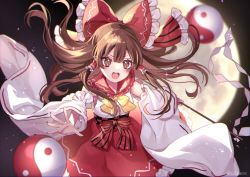 Rule 34 | 1girl, adapted costume, blush, bow, brown eyes, brown hair, commentary request, detached sleeves, fingernails, full moon, gohei, grey background, hair bow, hair tubes, hakurei reimu, holding, kyouda suzuka, long fingernails, long hair, long sleeves, moon, night, open mouth, orb, outdoors, outstretched arm, red bow, red sailor collar, red skirt, sailor collar, shirt, skirt, solo, sparkle, teeth, touhou, twitter username, upper teeth only, white shirt, wide sleeves, yellow neckwear, yin yang, yin yang orb