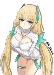Rule 34 | 1girl, alternate costume, angela balzac, artist name, bad id, bad pixiv id, blonde hair, blue eyes, blush, breast hold, breasts, cleavage, cleavage cutout, clothing cutout, cowboy shot, earrings, jewelry, large breasts, long hair, looking at viewer, low twintails, meme attire, necklace, open-chest sweater, rakuen tsuihou, ribbed sweater, shaojiang, simple background, smile, solo, standing, sweater, thigh strap, turtleneck, twintails, very long hair, white background