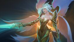 Rule 34 | 1girl, angel wings, armor, armored boots, bare shoulders, boobplate, boots, breastplate, breasts, cleavage, collarbone, dual wielding, gauntlets, gold armor, hair between eyes, highres, holding, holding sword, holding weapon, kayle (league of legends), large breasts, league of legends, medium hair, multicolored background, multiple wings, smile, solo, stnpnk, sword, weapon, white hair, wings, yellow eyes