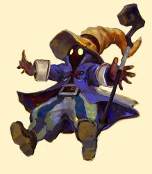 Rule 34 | 1boy, absurdres, baggy pants, belt buckle, black mage (final fantasy), blue coat, boots, brown footwear, brown gloves, buckle, coat, final fantasy, final fantasy ix, full body, gloves, hat, hat belt, high collar, highres, holding, holding staff, male focus, outstretched arms, pants, solo, staff, striped clothes, striped pants, vivi ornitier, wizard hat, yellow background, yellow eyes, yellow hat, yuming li
