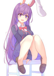 Rule 34 | 1girl, absurdres, animal ears, blazer, blouse, blush, breasts, buttons, diving penguin, highres, jacket, large breasts, light purple hair, long hair, looking at viewer, medium skirt, moon rabbit, necktie, open mouth, panties, pantyshot, pink skirt, pleated skirt, purple hair, rabbit ears, rabbit girl, red eyes, red necktie, reisen udongein inaba, shirt, shoes, simple background, sitting, skirt, solo, touhou, underwear, very long hair, white background