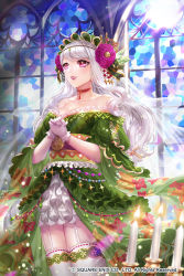 Rule 34 | 1girl, bare shoulders, box (hotpppink), candle, candlestand, choker, dress, fire, flower, frilled dress, frills, garter straps, gloves, green dress, hair flower, hair ornament, hairband, hat, highres, indoors, light rays, lipstick, long hair, makeup, official art, own hands together, pink eyes, solo, square enix, stained glass, standing, thighhighs, veil, watermark, white gloves, white hair, white thighhighs