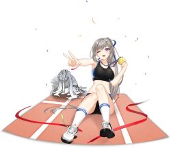 Rule 34 | 2girls, ;d, armpits, bare arms, bare shoulders, blue eyes, breasts, counter:side, crop top, grey hair, hair ornament, kneehighs, knees up, large breasts, long hair, looking at viewer, medal, midriff, multiple girls, naielle bluesteel, official art, one eye closed, open mouth, outstretched arm, ponytail, seo yoon, shoes, sitting, sleeveless, smile, sneakers, socks, solo focus, sports bra, sweat, thighs, transparent background, v, very long hair, white footwear, white legwear