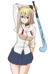Rule 34 | 1girl, arm behind back, blonde hair, choker, dress shirt, hockey stick, looking at viewer, misnon the great, onizuka hime, pleated skirt, purple eyes, school uniform, shirt, short hair, sket dance, skirt, sleeves rolled up, solo, white background, wristband