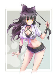 Rule 34 | 1girl, :/, absurdres, adapted costume, animal ears, bandaged arm, bandages, bikini, bikini top only, black bikini, black bow, black hair, black shorts, blake belladonna, blush, bow, breasts, cat ears, cleavage, closed mouth, collarbone, criss-cross halter, cropped legs, cutoffs, denim, denim shorts, front-tie top, hair bow, halterneck, highres, iesupa, long hair, medium breasts, navel, open clothes, open shorts, purple hair, ribbon, rwby, scar, shirt, short shorts, short sleeves, shorts, slit pupils, solo, stomach, swimsuit, thighs, tied shirt, two-tone background, unbuttoned, white shirt, yellow eyes