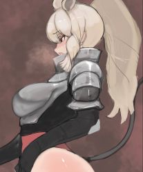 Rule 34 | 1girl, ^^^, animal ears, armor, blonde hair, blush, boobplate, breastplate, breasts, brown eyes, from side, gorget, highres, kemono friends, large breasts, leotard, long hair, open mouth, pauldrons, ponytail, rhinoceros ears, sexually suggestive, shibori kasu, shoulder armor, solo, sweat, tail, thighhighs, thighs, upper body, white rhinoceros (kemono friends)