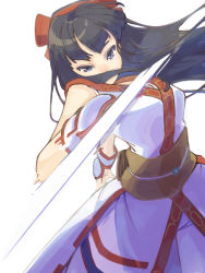 Rule 34 | 1girl, ainu clothes, arm guards, attack, black hair, blue eyes, breasts, fingerless gloves, gloves, half-closed eyes, highres, legs, long hair, looking at viewer, medium breasts, nakoruru, ooiwa (irc14786149), pants, samurai spirits, scabbard, sheath, short sword, simple background, slashing, snk, solo, sword, the king of fighters, thighs, weapon, white background