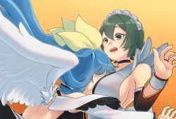 Rule 34 | 2girls, angel wings, asymmetrical wings, back, between breasts, blue hair, breasts, choker, cleavage, detached sleeves, dizzy (guilty gear), face to breasts, green hair, guilty gear, hair between eyes, highres, iroha (samurai spirits), large breasts, maid, maid headdress, maid leotard, mature female, multiple girls, open mouth, samurai spirits, sideboob, twintails, unconventional maid, wings