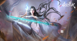 Rule 34 | 1girl, absurdres, black hair, closed mouth, detached sleeves, dress, dust, embers, energy, expressionless, falling petals, floating hair, hair ornament, highres, holding, holding sword, holding weapon, leg up, long hair, long sleeves, petals, second-party source, solo, sword, upper body, wanmei shijie, weapon, white dress, yue chan (wanmei shijie), zhou ying na