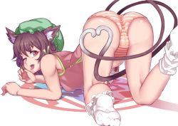 Rule 34 | 1girl, all fours, animal ears, ass, bare legs, bent over, brown hair, cameltoe, cat ears, cat girl, cat tail, character name, chen, chinese clothes, ear piercing, earrings, fang, female focus, ginko (nico), hat, heart, heart tail, hoop earrings, jewelry, legs, looking at viewer, looking back, multiple tails, nekomata, no pants, one eye closed, open mouth, orange panties, panties, piercing, red eyes, shirt, short hair, single earring, sleeveless, slit pupils, socks, solo, striped clothes, striped panties, tail, tongue, tongue out, topless, touhou, transparent background, underwear, white socks, wink
