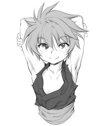 Rule 34 | 1girl, armpits, arms up, character request, copyright request, flat chest, funnyari, greyscale, looking at viewer, monochrome, short hair, smile, solo