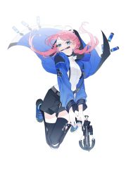 Rule 34 | 1girl, absurdres, arknights, blue eyes, blue jacket, blue poison (arknights), blue poison (elite ii) (arknights), bow (weapon), crossbow, elite ii (arknights), highres, holding, holding crossbow, holding weapon, hood, hooded jacket, jacket, long sleeves, low twintails, pink hair, shirt, shorts, simple background, solo, suspenders, thighhighs, twintails, weapon, white background, white shirt, yimiww
