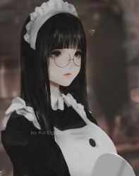 Rule 34 | 1girl, ?, aoi ogata, artist name, bespectacled, black hair, blunt bangs, blurry, breasts, colored skin, commentary, glasses, grey eyes, highres, long hair, looking away, maid, maid headdress, original, parted lips, solo, white skin