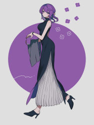 Rule 34 | 1girl, bag, bare shoulders, black dress, black footwear, breasts, can, closed mouth, dot mouth, dot nose, dress, flower, from side, full body, half-closed eyes, high heels, highres, holding, holding can, jewelry, large breasts, long dress, looking at viewer, maco22, medium breasts, medium hair, original, purple background, purple eyes, purple hair, purple theme, shawl, sleeveless, sleeveless dress, solo, two-tone background, walking