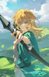 Rule 34 | 1boy, absurdres, aiming, aiming at viewer, archaic set (zelda), arrow (projectile), bird, blonde hair, blue eyes, blurry, bow (weapon), cloud, day, depth of field, drawing bow, earrings, floating clothes, floating hair, glint, grass, hair between eyes, highres, holding, holding bow (weapon), holding weapon, incoming attack, jewelry, link, looking at viewer, male focus, meadow, medium hair, nintendo, outdoors, outstretched arm, pointy ears, qianben shan, sky, solo, the legend of zelda, the legend of zelda: tears of the kingdom, upper body, weapon, wind